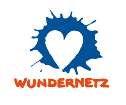 Das Logo des Projektes Wundernetz 2. Ein Herz in einem blauem Farbklecks