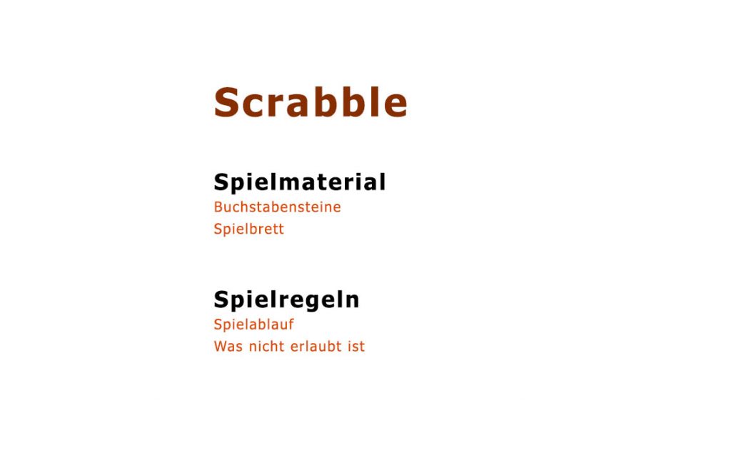 Das Bild zeigt Wörter zum Thema Scrabble. DIe Wörter sind nach den Bereichen Spielmaterial und Spielregeln angeordnet und nicht mehr durcheinander.