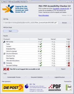 Das Bild zeigt die Benutzeroberfläche des Programms PDF Accessibility Checker