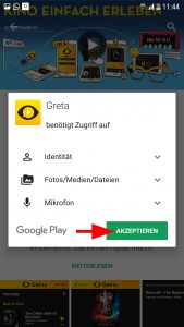 Um der App den Zugriff auf verschiedene Daten zu erlauben, muss man mit Akzeptieren bestätigen.