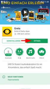 Durch antippen von "Öffnen" kann Greta nach der Installation gestartet werden.