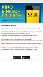 Bildschirmfoto einer E-Mail. Ein Link ist mit einem rotem Kasten markiert. Dieser Link muss geklickt werden, um die Anmeldung abzuschließen.