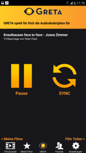 Die Benutzeroberfläche der App Greta. Es sind zwei Buttons zu sehen, einer mit der Aufschrift Pause und einer mit der Aufschrift Sync. Mit Sync startet man die Synchronisation.