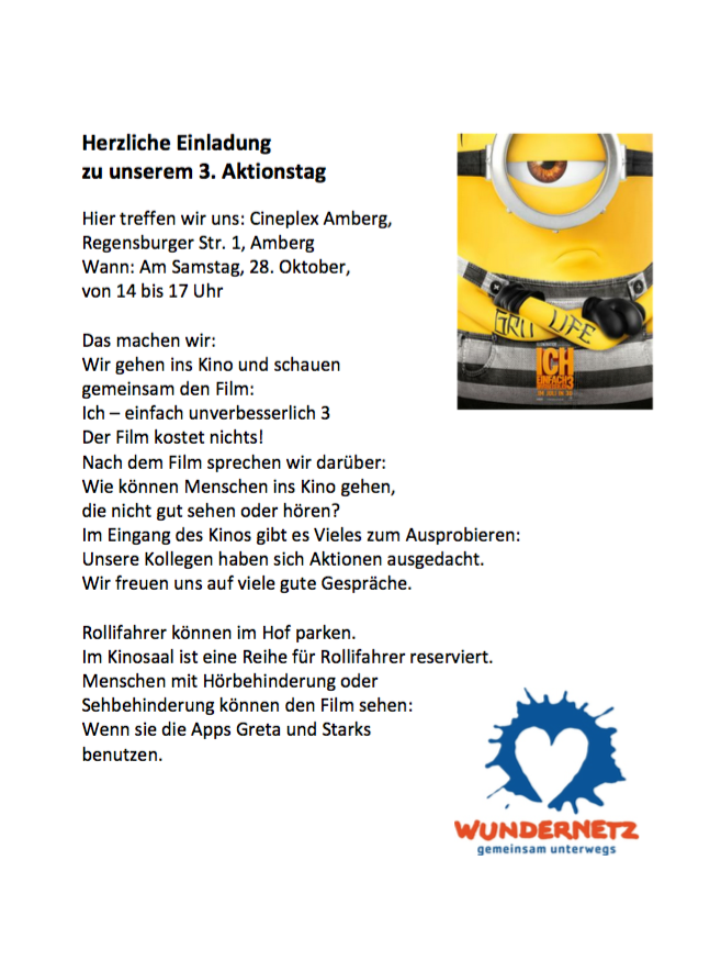 Auf dem Flyer steht der Text aus dem Blogeintrag. Es ist ein Bild des Kinoplakats abgebildet. Und das Zeichen vom Wundernetz: ein Herz inmitten von einem Farbklecks.