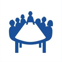 Wundernetz-Symbol Arbeitsgruppe. 6 Personen die um einen Tisch sitzen und sich besprechen.