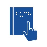 Wundernetz-Symbol Hilfsmittel für Sehbehinderungen. Eine Seite mit Braille-Schrift und eine Hand.