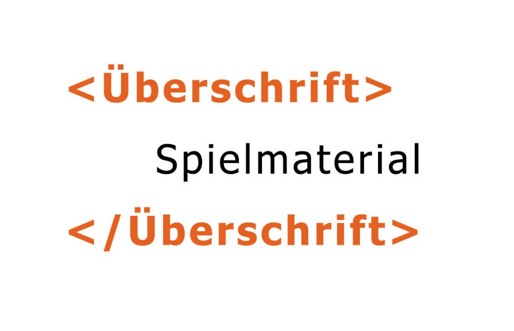 Ein Beispiel wie Tags funktionieren. Das Wort Spielmaterial wird von einem öffnenden und einem schließenden Tag eingeklammert und so als Überschrift gekennzeichnet.