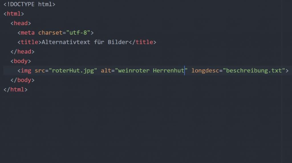 Im HTML-Code befindet sich ein img-Tag. Über das Attribut 'alt' wird dem Bild ein Alternativtext hinzugefügt. Mit dem Attribut 'longdesc' kann auf eine längere Beschreibung verwiesen werden.