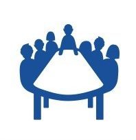 Wundernetz-Symbol Arbeitsgruppe. 6 Personen, die um einen Tisch sitzen und sich besprechen.
