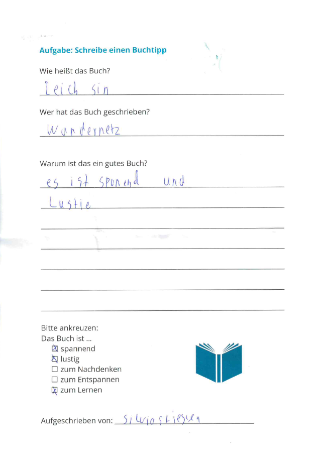 Silvia hat einen kurzen Buchtipp zu LeichtSinn geschrieben: Warum ist es ein gutes Buch? Es ist spannend und lustig, und zum Lernen.