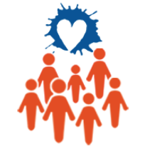 Einfaches Icon: ein weißes Herz, das von einem blauen Farnklecks umrahmt ist.
Darunter Firguren von Menschen in Orange.